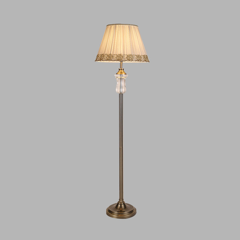 Fabric Floor Lamp With Beige Pleated Shade And Crystal Standing Light Traditional Style Elegant Trim