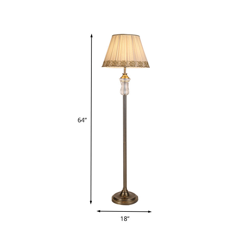 Fabric Floor Lamp With Beige Pleated Shade And Crystal Standing Light Traditional Style Elegant Trim