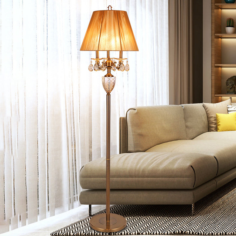 Beige Traditional Fabric Standing Floor Lamp With 3 Lights Tapered Shade And Dangling Crystal