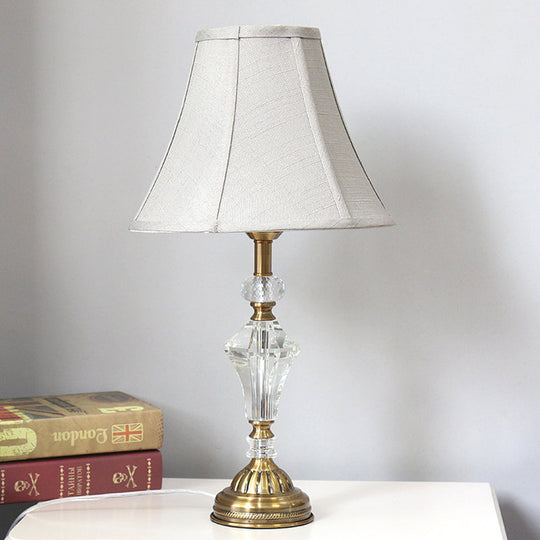 Crystal Accent White Fabric Nightstand Lamp With Bell Paneled Light