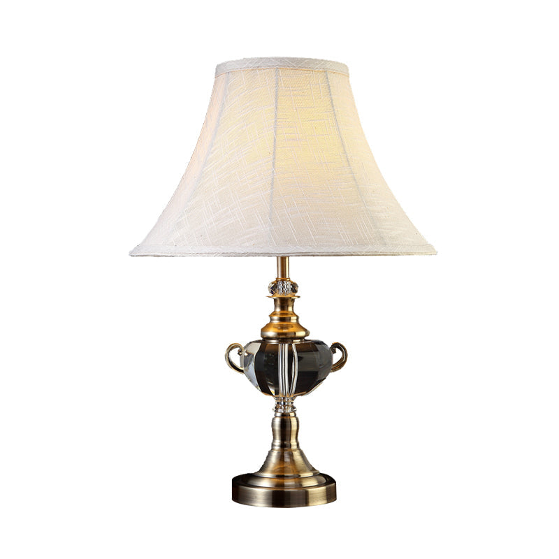 White Fabric Nightstand Lamp: Tapered Traditional 1-Light Table Lamp With Crystal Deco