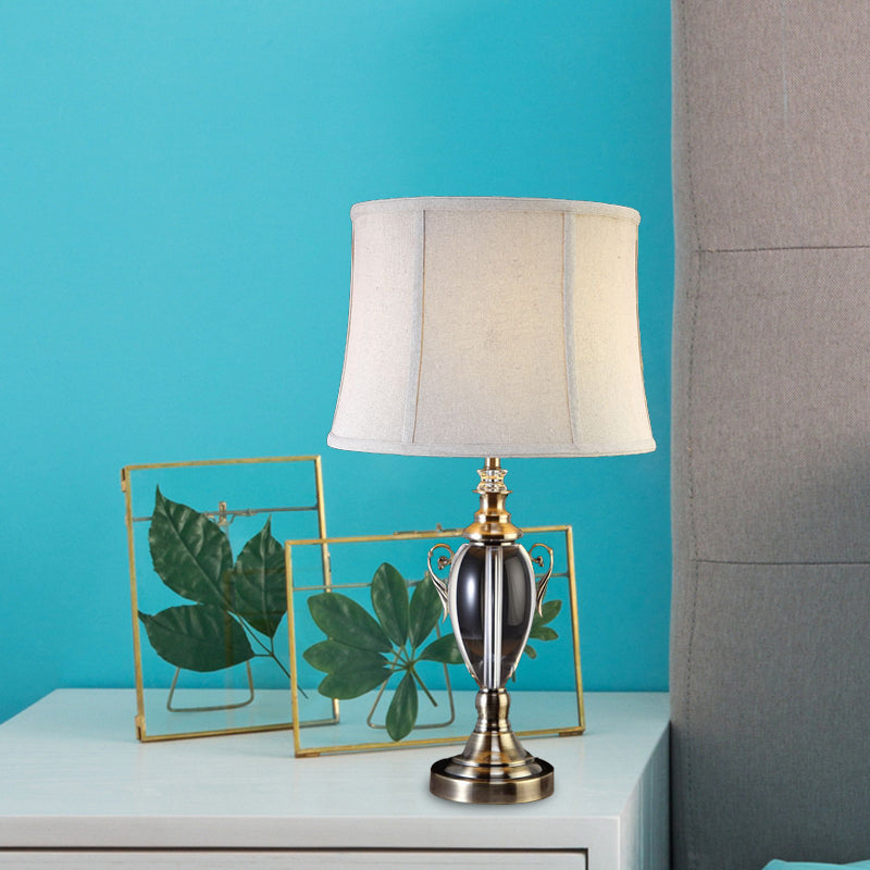 Gray Cream Fabric Panel Table Lamp With Crystal Deco Elegant Nightstand Light