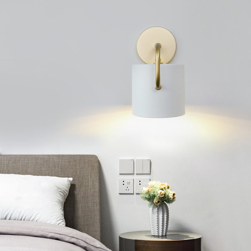 Contemporary Cylinder Wall Lamp With Curved Arm - White Metal Sconce Light Fixture (1 Bulb)