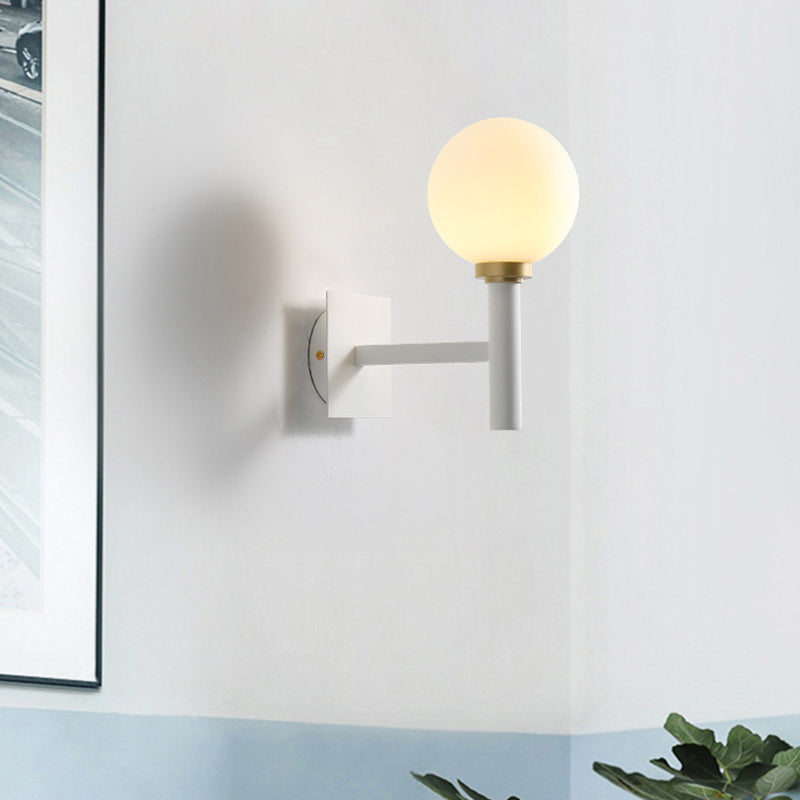 Minimalist Metal-Armed Wall Lamp With Opal Glass Shade - White Sconce Light Fixture (1 Bulb)