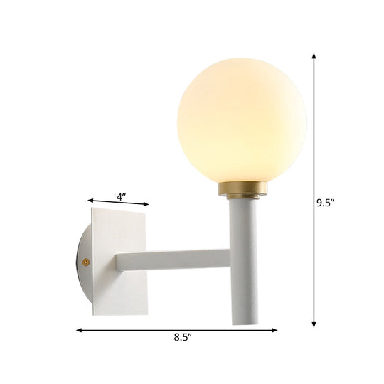 Minimalist Metal-Armed Wall Lamp With Opal Glass Shade - White Sconce Light Fixture (1 Bulb)