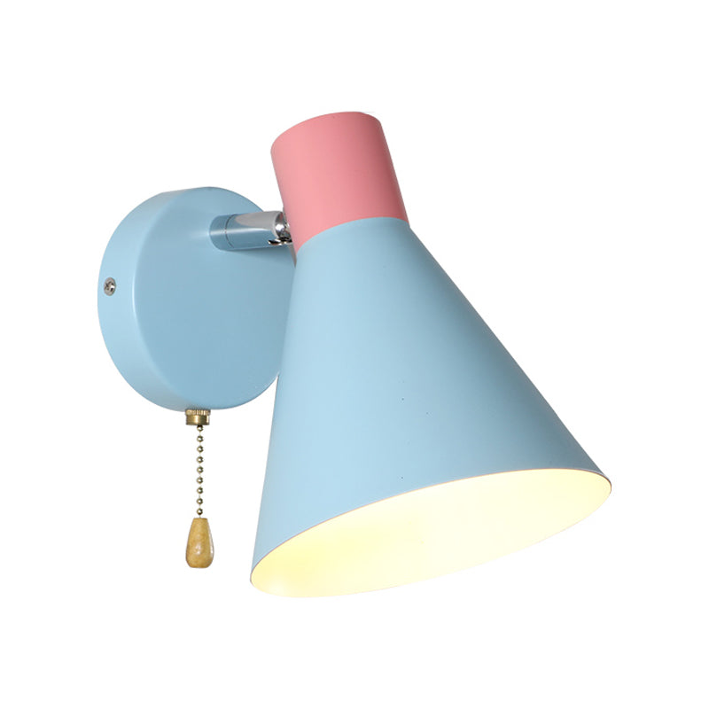 Blue Metal Wide Flare Sconce: Contemporary Wall Mount Light With Pull Chain