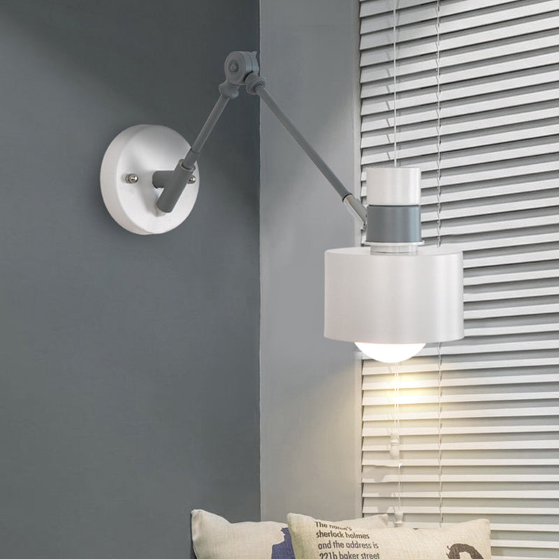 Modern Grey Metal Wall Sconce Light With Adjustable Arm - 1 Bulb Drum Fixture
