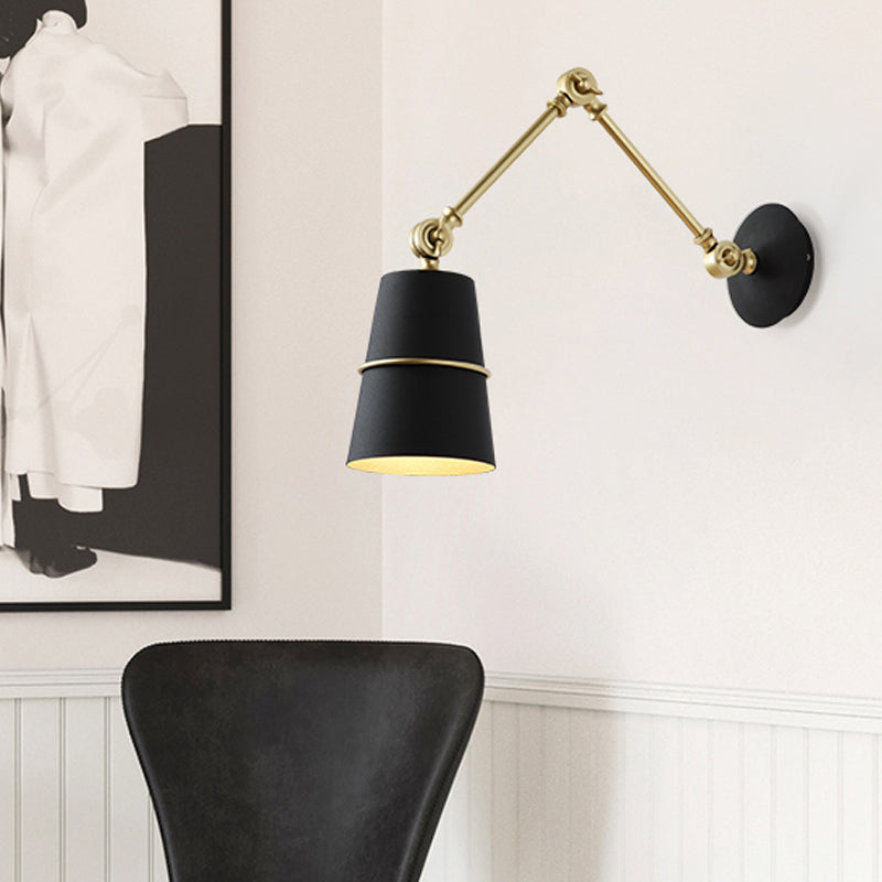 Modernist Metal Conical Sconce With Adjustable Arm - Wall Mounted 1-Head Light In White/Black Black