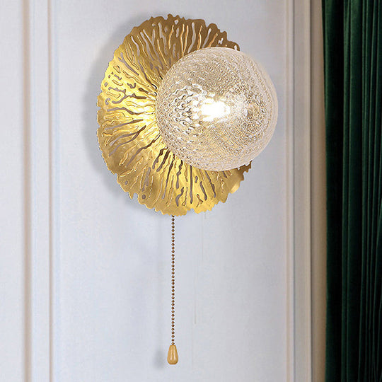 Modernist Gold Sphere Metal Wall Light - Dimple Glass Led Fixture