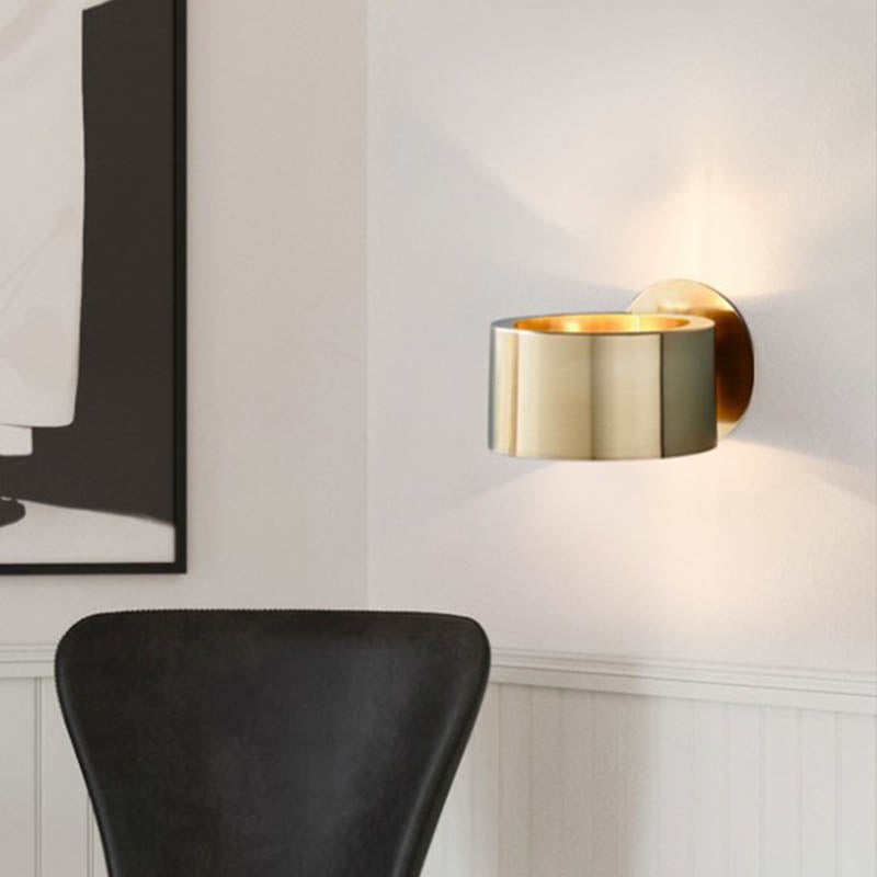 Gold Metal Drum Wall Mounted Light - Minimalist 1 Head Living Room Lighting Fixture