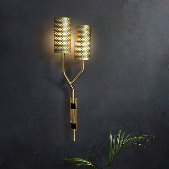 Modern Brass Wall Sconce With Cylindrical Metal Shade For Bedroom