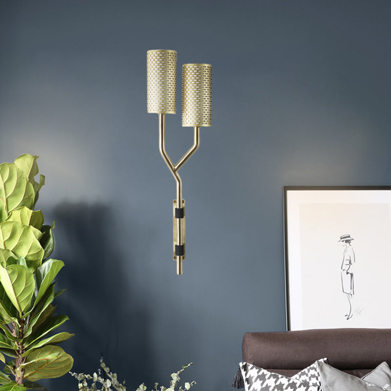 Modern Brass Wall Sconce With Cylindrical Metal Shade For Bedroom