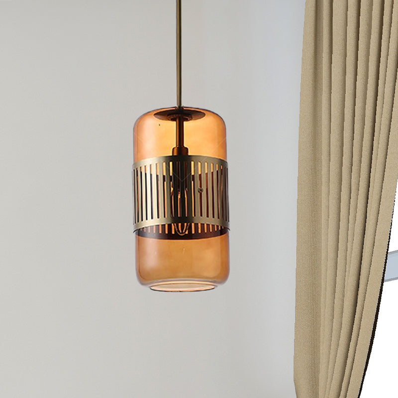 Minimalist Amber/Green Glass Cylinder Kitchen Island Pendant Light - 1 Head Ceiling Fixture