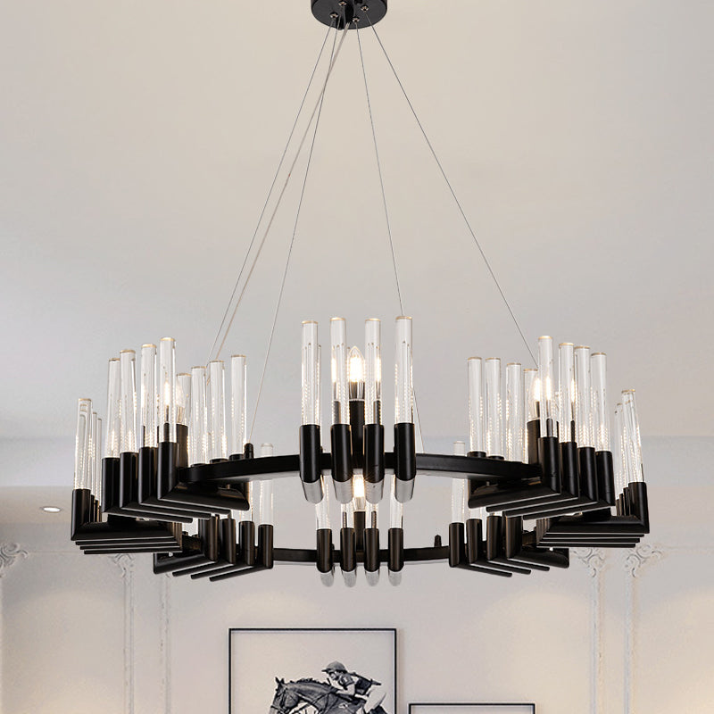 Contemporary Circular Iron Chandelier Lamp with Crystal Tube - 6/8 Lights Ceiling Light Fixture in Black