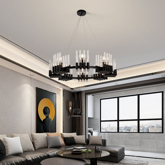 Contemporary Circular Iron Chandelier Lamp with Crystal Tube - 6/8 Lights Ceiling Light Fixture in Black