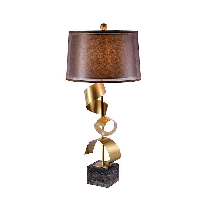 Traditional Red Brown Bedroom Table Lamp With Drum Fabric Shade