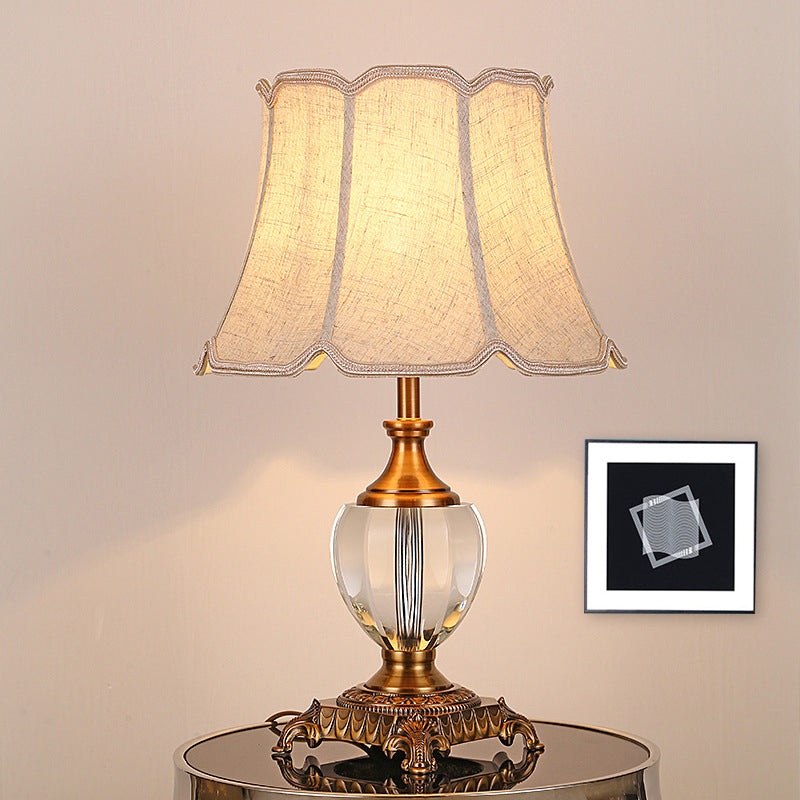 Rustic Paneled Bell Table Lamp - Crystal Nightstand Light In Beige For Bedroom