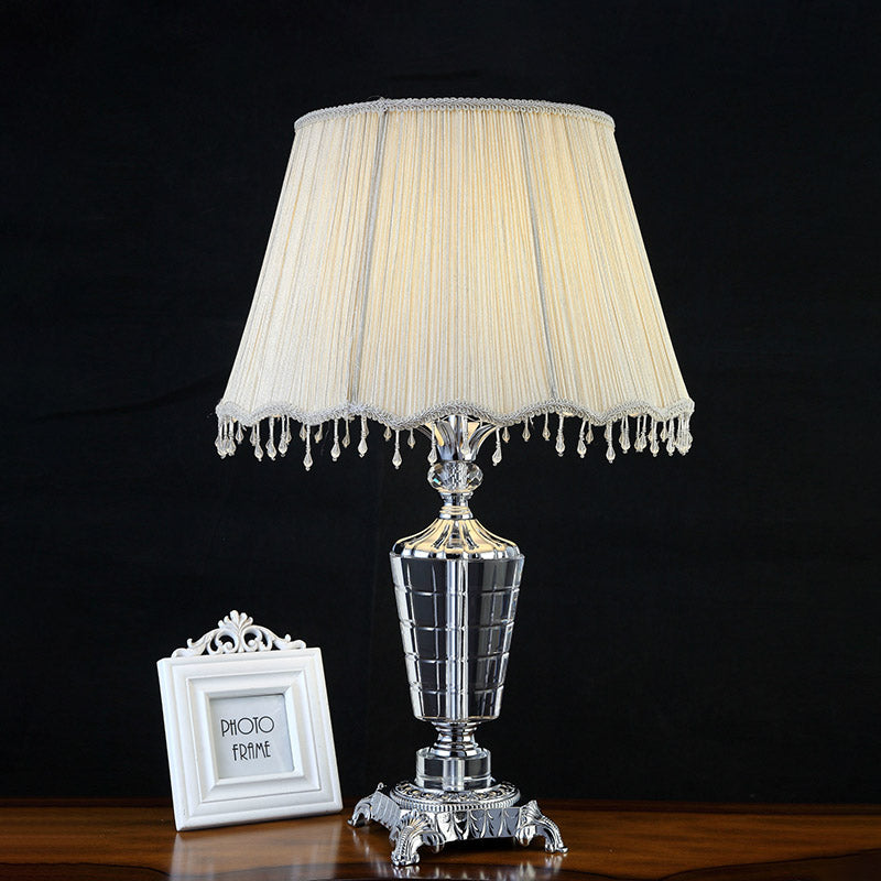 Fabric Night Table Lamp With Crystal Draping - Traditional White Empire Shade