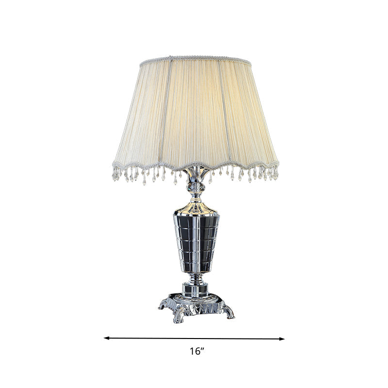 Fabric Night Table Lamp With Crystal Draping - Traditional White Empire Shade
