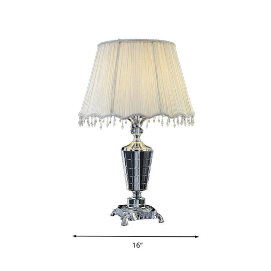 Fabric Night Table Lamp With Crystal Draping - Traditional White Empire Shade