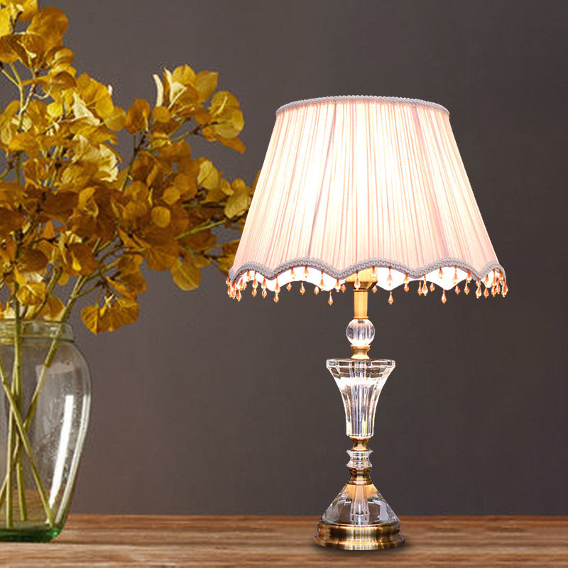 Pleated Shade Crystal Night Table Lamp: Minimalistic 1-Light Pink Bedroom Nightstand Light With
