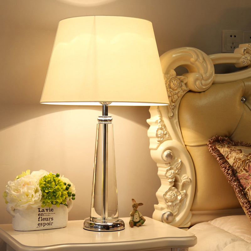 Rustic Beige Fabric Tapered Table Lamp With Crystal Base - Single Head Bedroom Night Light