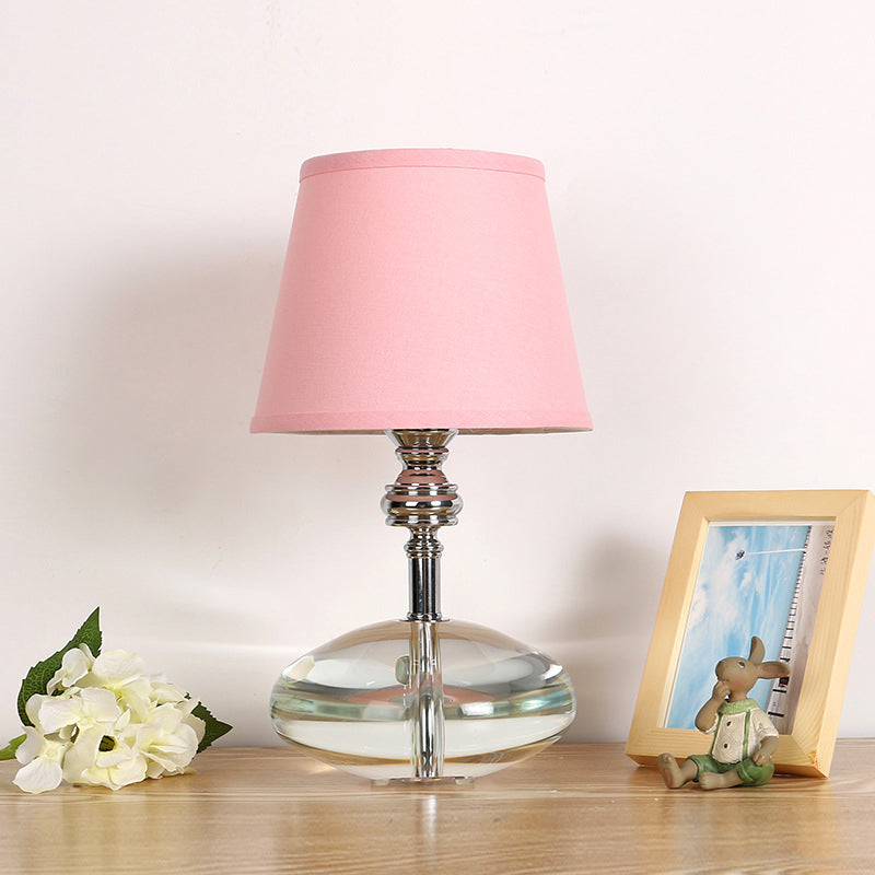 Conical Pink Fabric Night Lamp With Crystal Base - Lodge Nightstand Light