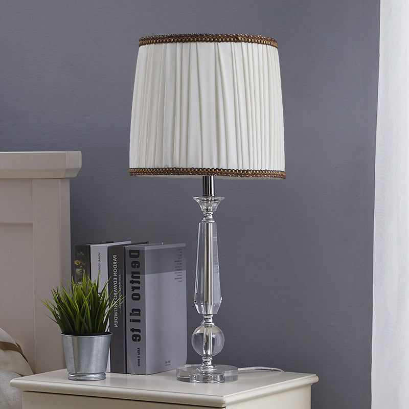 Traditional 1-Light Drum Night Table Lamp With Crystal Base - White/Brown/Beige Fabric Bedroom