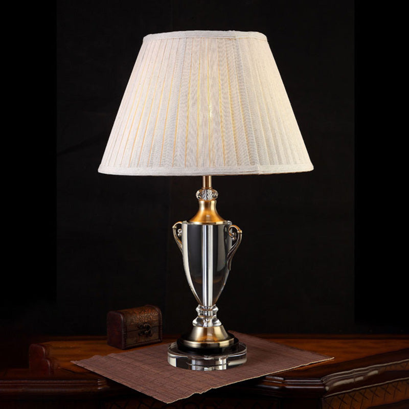 Beige Bell Night Lamp With Clear Crystal Base - Traditional Fabric Bedside Light