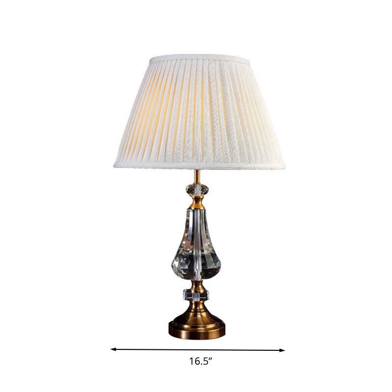 Conical Night Table Lamp - Cream Gray Fabric Crystal Base Sleek Design