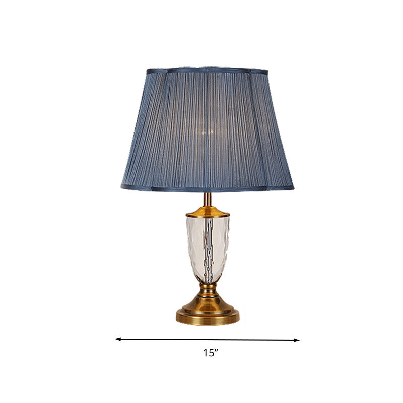 Blue Crystal Nightstand Lamp With Pleated Shade - Rural Style Bedroom Table Light