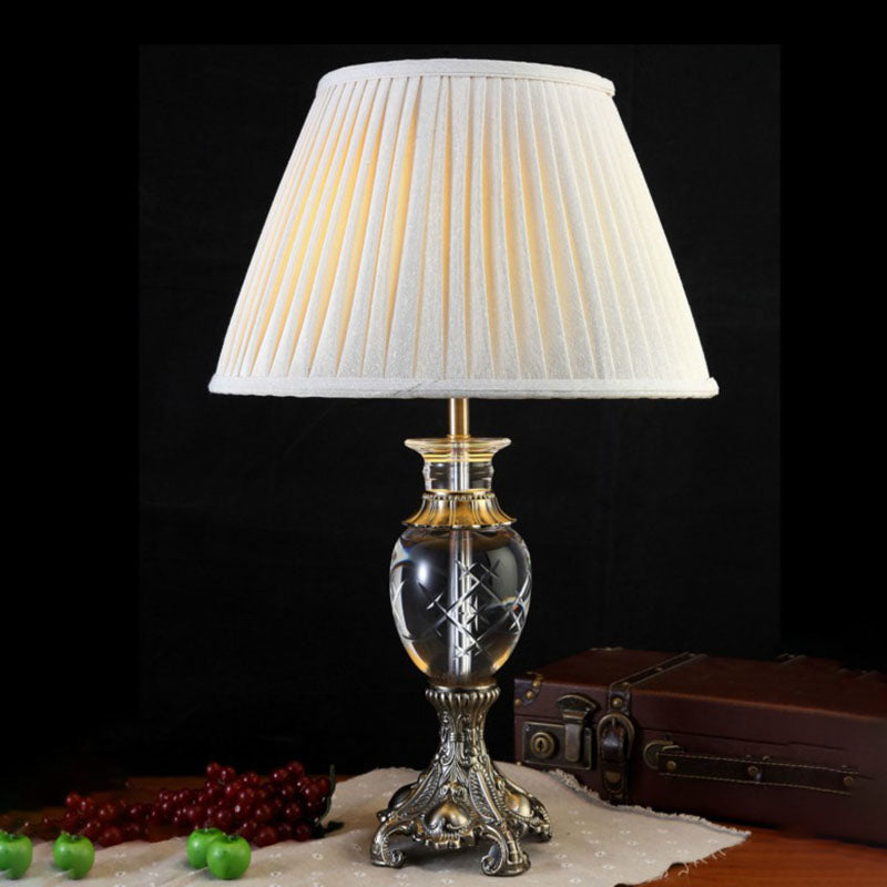 Beige Lodge Table Lamp With Clear Crystal Pleated Shade - Nightstand Light For Bedroom