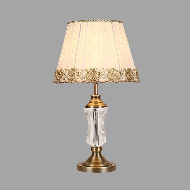 Traditional Crystal Conical Nightstand Lamp With Braided Trim - White