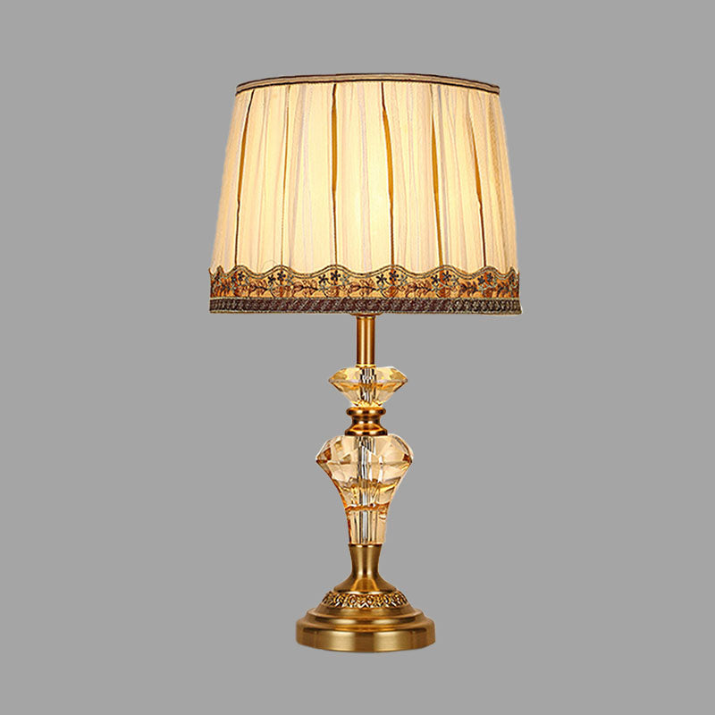 Beige Fabric Table Lamp - Minimalist Tapered Drum Design With Crystal Base