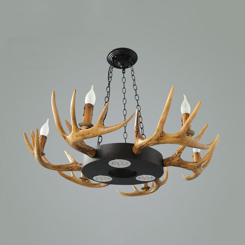 Village Wood Candelabra Chandelier - 6-Light Resin Lamp For Living Room Pendant Lighting