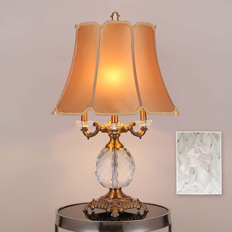 1-Light Lodge Paneled Bell Fabric Table Lamp In White/Beige With Crystal Accent For Bedroom Beige
