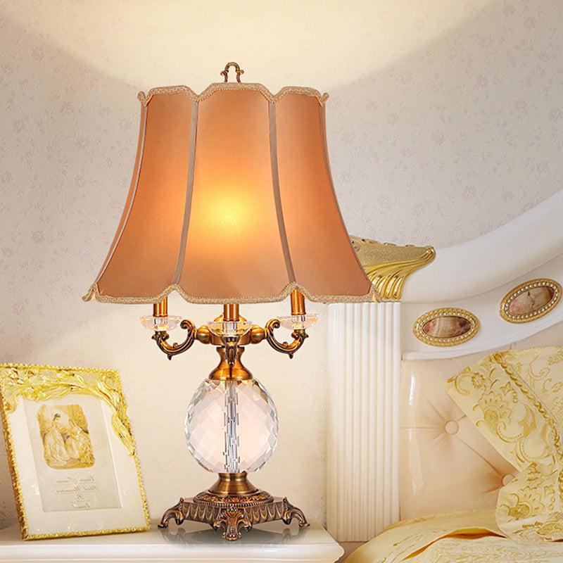 1-Light Lodge Paneled Bell Fabric Table Lamp In White/Beige With Crystal Accent For Bedroom