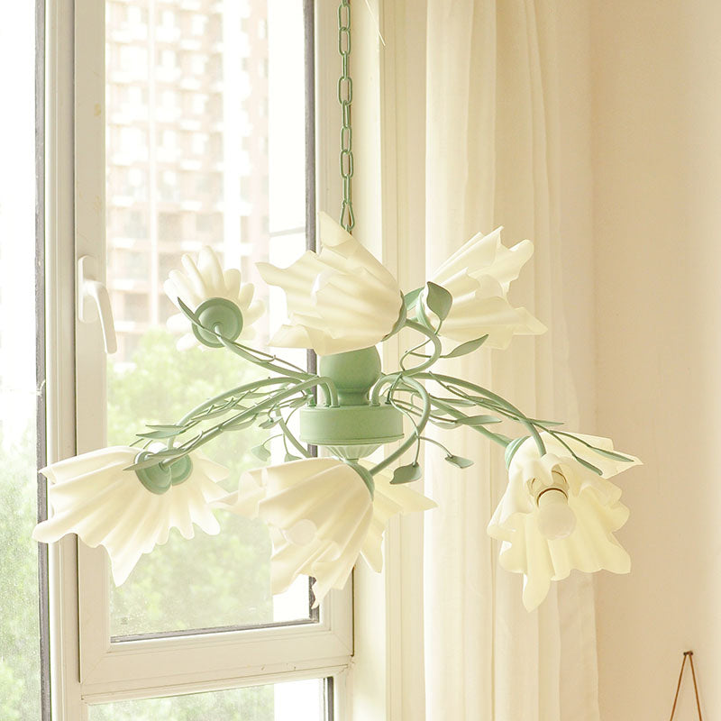 Modern Metal 9-Bulb Green Flower Chandelier Pendant Light For Living Room