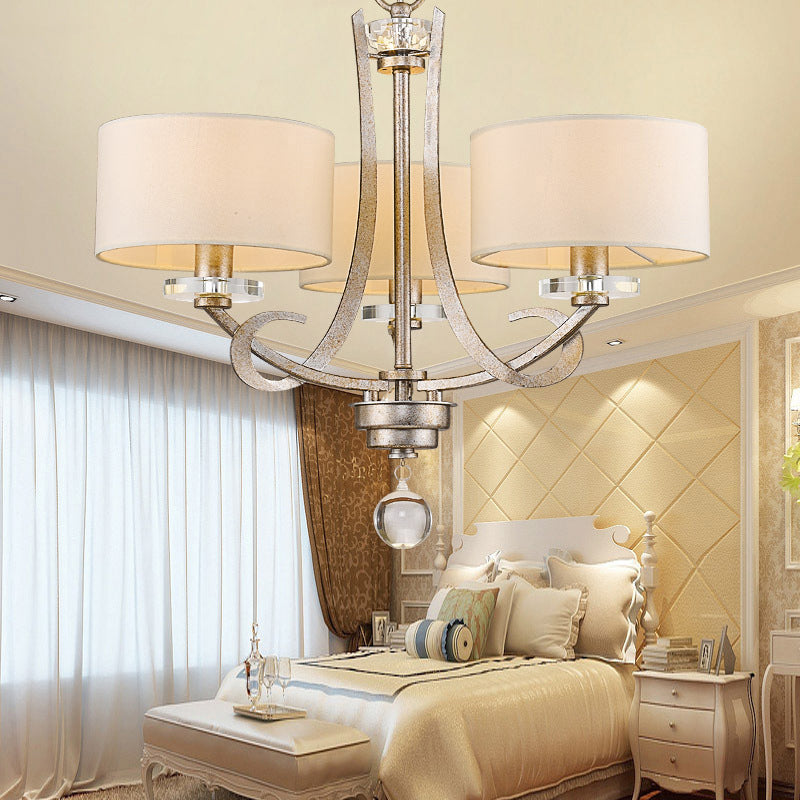 Classic Drum Fabric Pendant Light With Crystal: White Chandelier For Bedroom