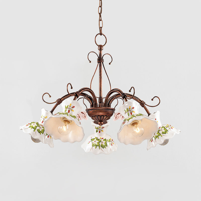 Traditional Frosted Glass Spur Pendant Chandelier With Flower Disk Shade - Rust Hanging Ceiling
