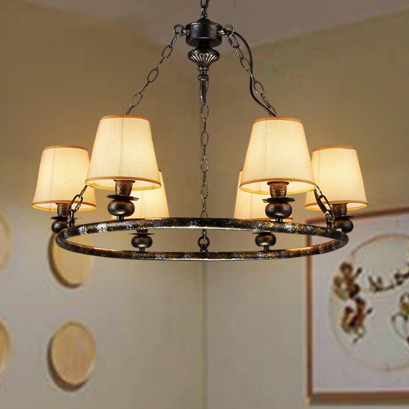 Rustic Ring Pendant Chandelier - 6-Light Fabric Ceiling Light In Black For Living Room