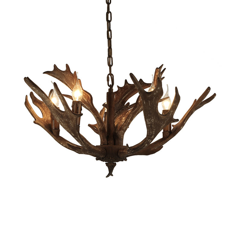 Rustic Coffee/Ivory Deer Antler Chandelier With Candelabra Pendant - 5 Lights For Cozy Lighting