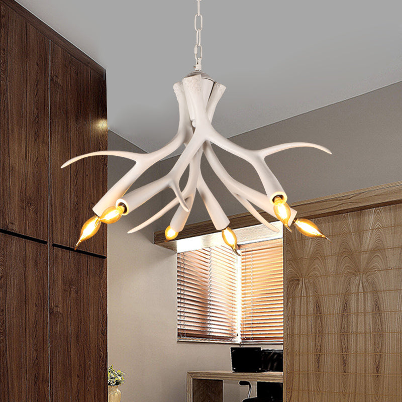 Modern White Resin Faux Antler Pendant Chandelier With Adjustable Chain - 6 Lights