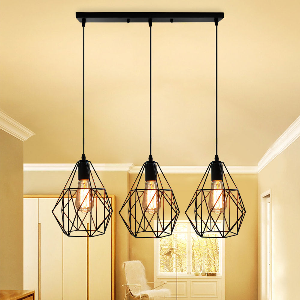 Vintage Faceted Cage Ceiling Fixture 3 Bulbs Pendant Lighting Black Metal For Dining Table