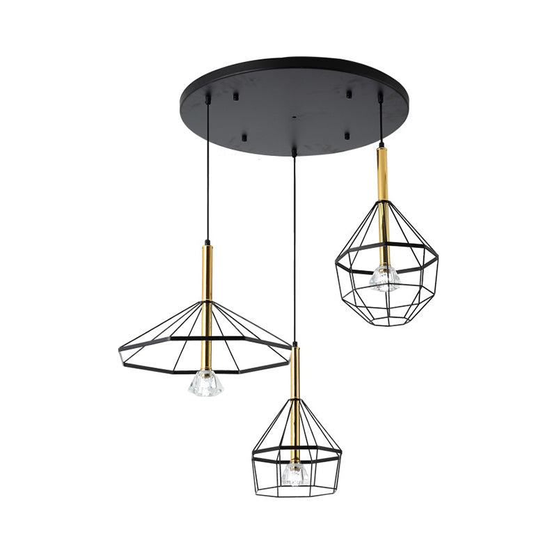 Industrial Wire Cage Pendant Ceiling Light With 3 Different Shade Lights - Black Metal Hanging