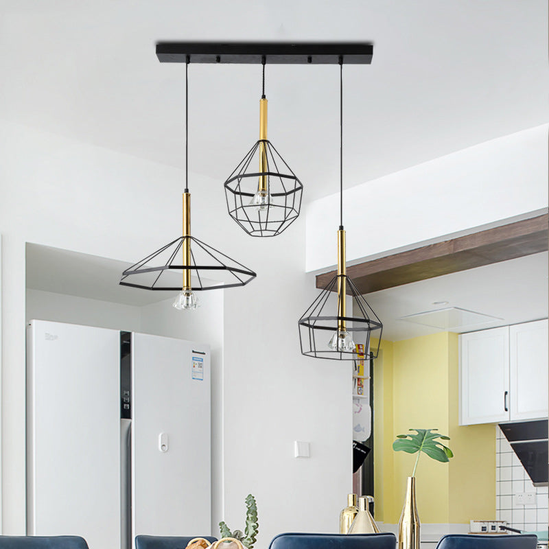 Industrial Wire Cage Pendant Ceiling Light With 3 Different Shade Lights - Black Metal Hanging /