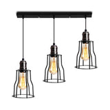 Industrial Caged Pendant Light With 3-Light Cylindrical Shade - Metallic Black Hanging Fixture /