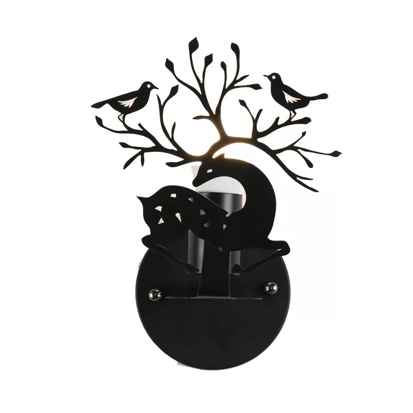 Sika Deer Wall Light With Bird Metal Accent - Ideal For Restaurant Or Cafe Kids Favorite! Black