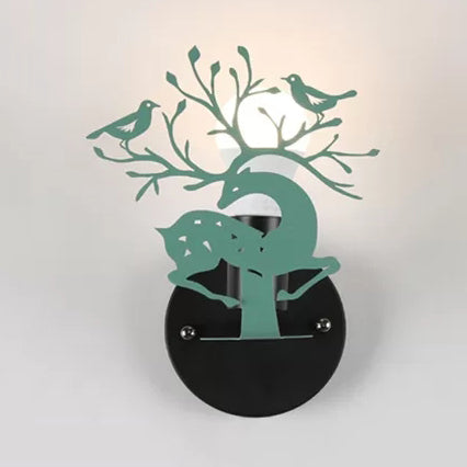 Sika Deer Wall Light With Bird Metal Accent - Ideal For Restaurant Or Cafe Kids Favorite! Green