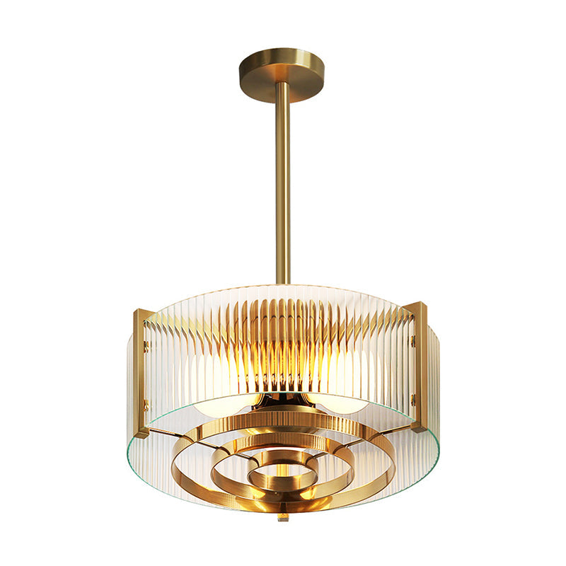 Modern Brass Drum Chandelier Lamp Clear Lattice Glass Hanging Light For Kitchen 3 Bulbs